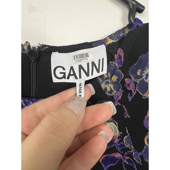 Ganni Floral Georgette Long Sleeve Shift Mini Dress Multicolor Size 36 - Picture 7 of 14